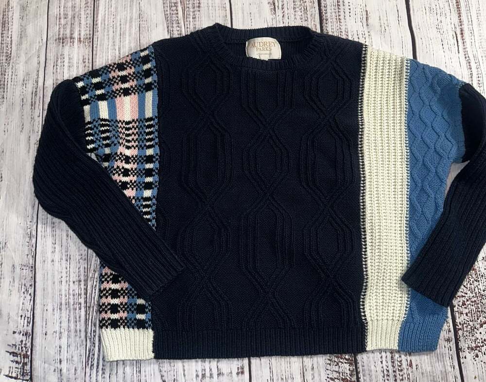 Navy blue and pink color block sweater size small by Audrey Parks